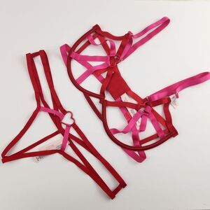 M-DD {Victoria's Secret} Hearts Open Cup Strappy Bra and Panty Set